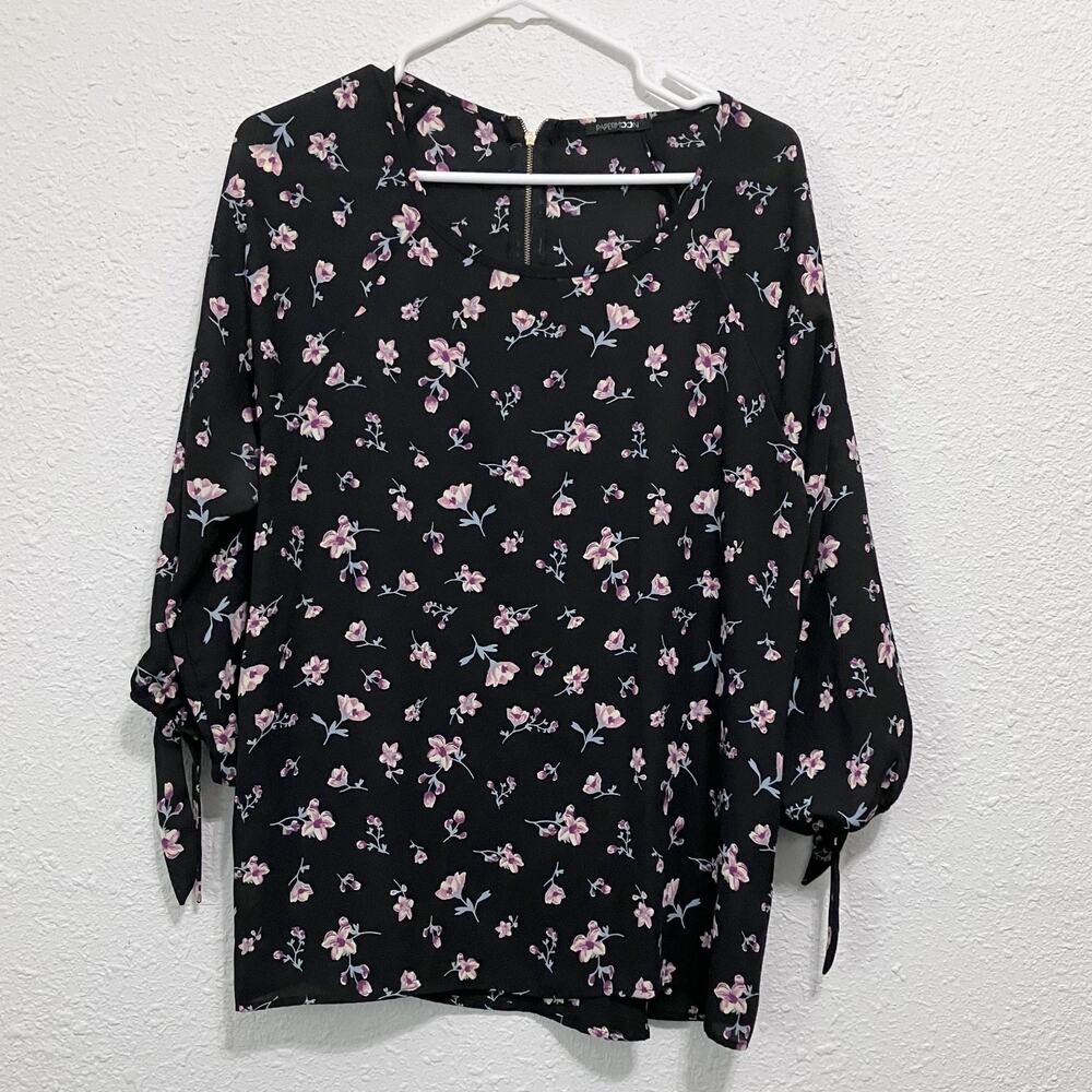 Papermoon Black Pink Floral Lightweight Top Tie Sleeve USA Romantic Soft Girl XL